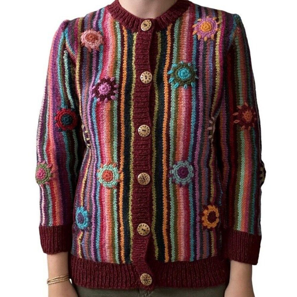 Lunieva Womens Rainbow PRIDE Chunky 100% Wool Hippy Floral Cardigan sz S